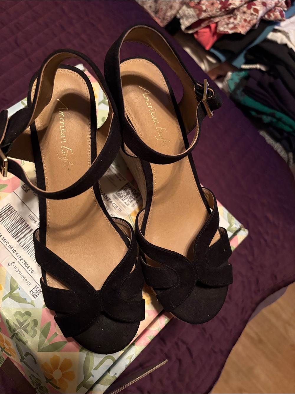 American Eagle Outfitters Black Suede Ankle-Strap Wedge Sandals Size 7.5